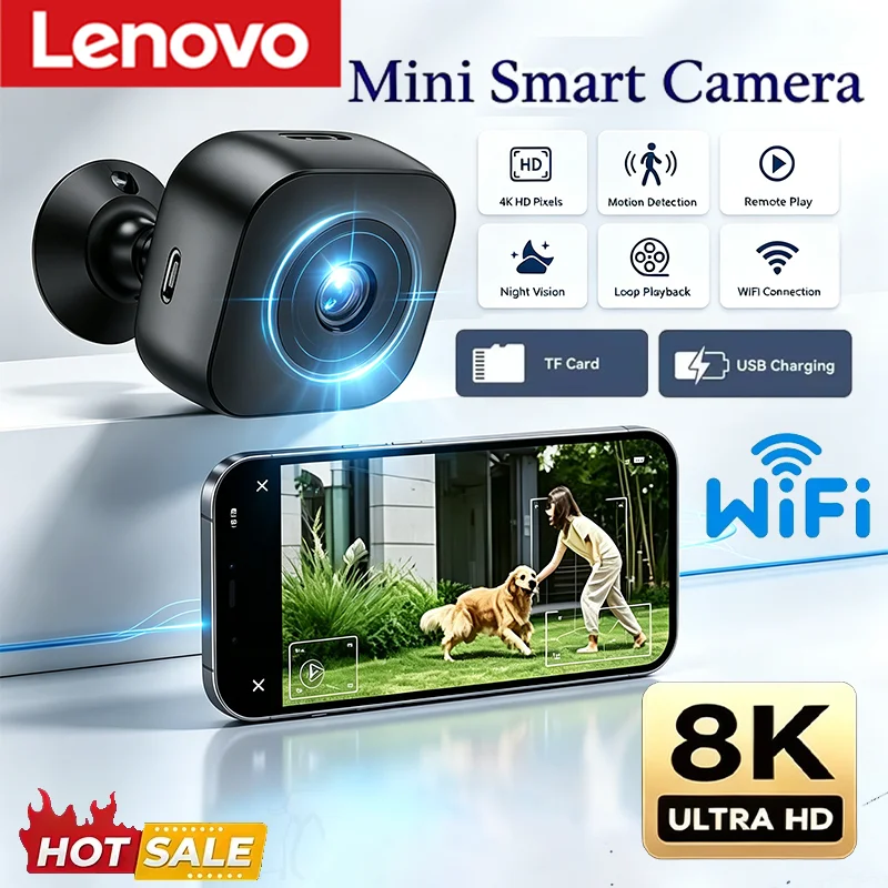Lenovo Security Mini Camera 8K HD Full Surveillance WiFi Two-way Audio Infrared Night Vision Motion Detection Home Pet Monitor