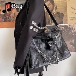 Y2K Women Girls Gothic Skulls Printing Leather Shoulder Bags totes Female Punk Cross Chain Large capacity Messenger bag Handbag