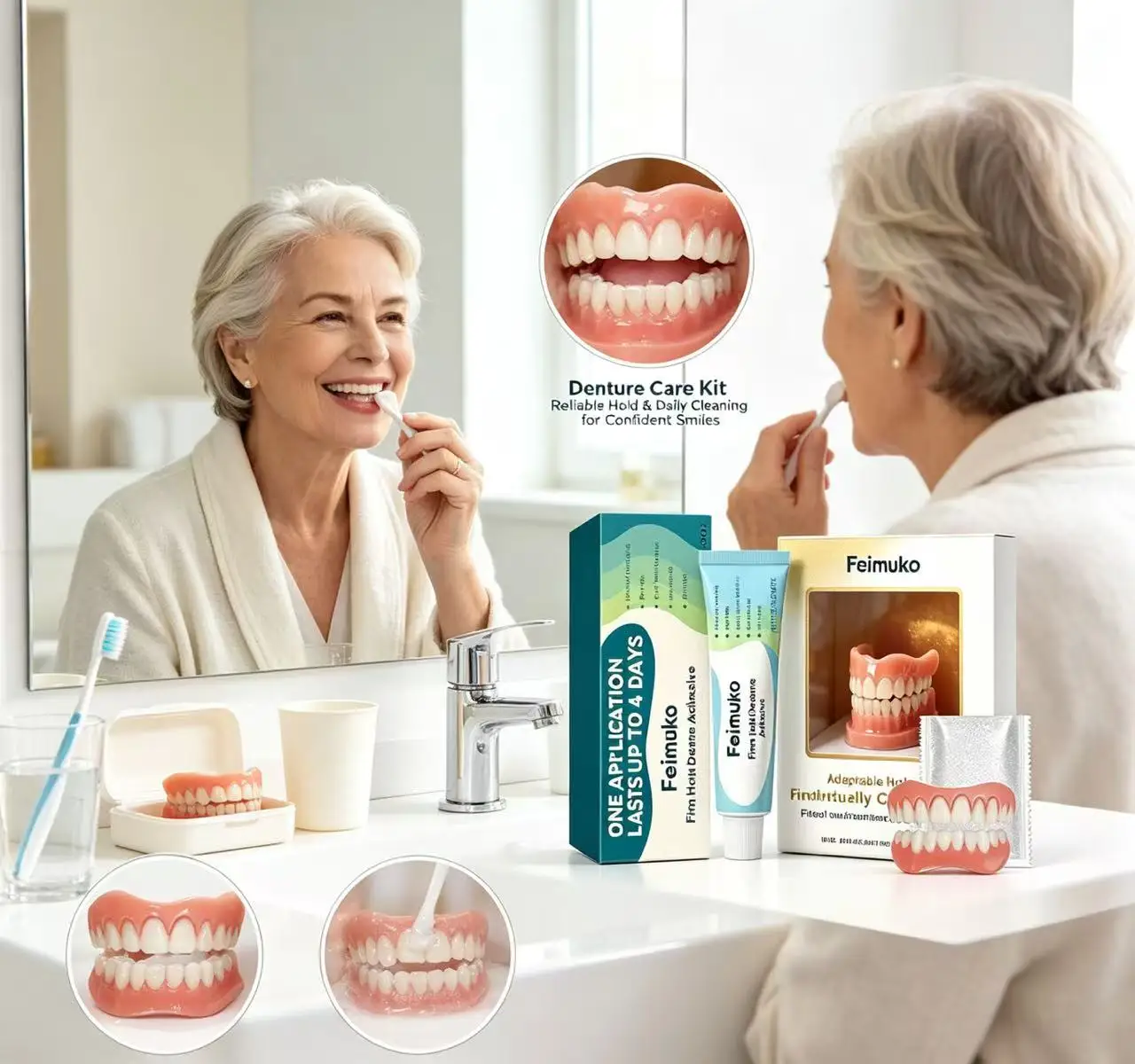 Full Dentures Kit Natural Appearance False Teeth with Denture Adhesive Cream Help Hold Dentures Firmly for Daily Home Oral Care