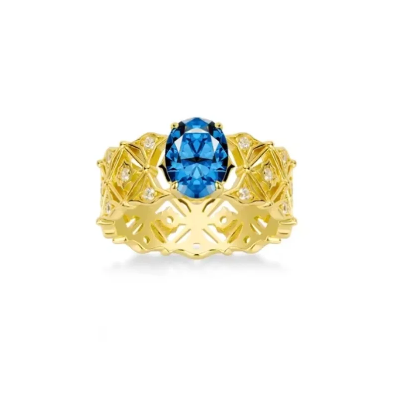 

BELLUX Rings 925 Silver 18 k Gold Plated Synthetic Zircon Blue Pigeon Egg Four Claw Wide Mesh Hollow out Ring