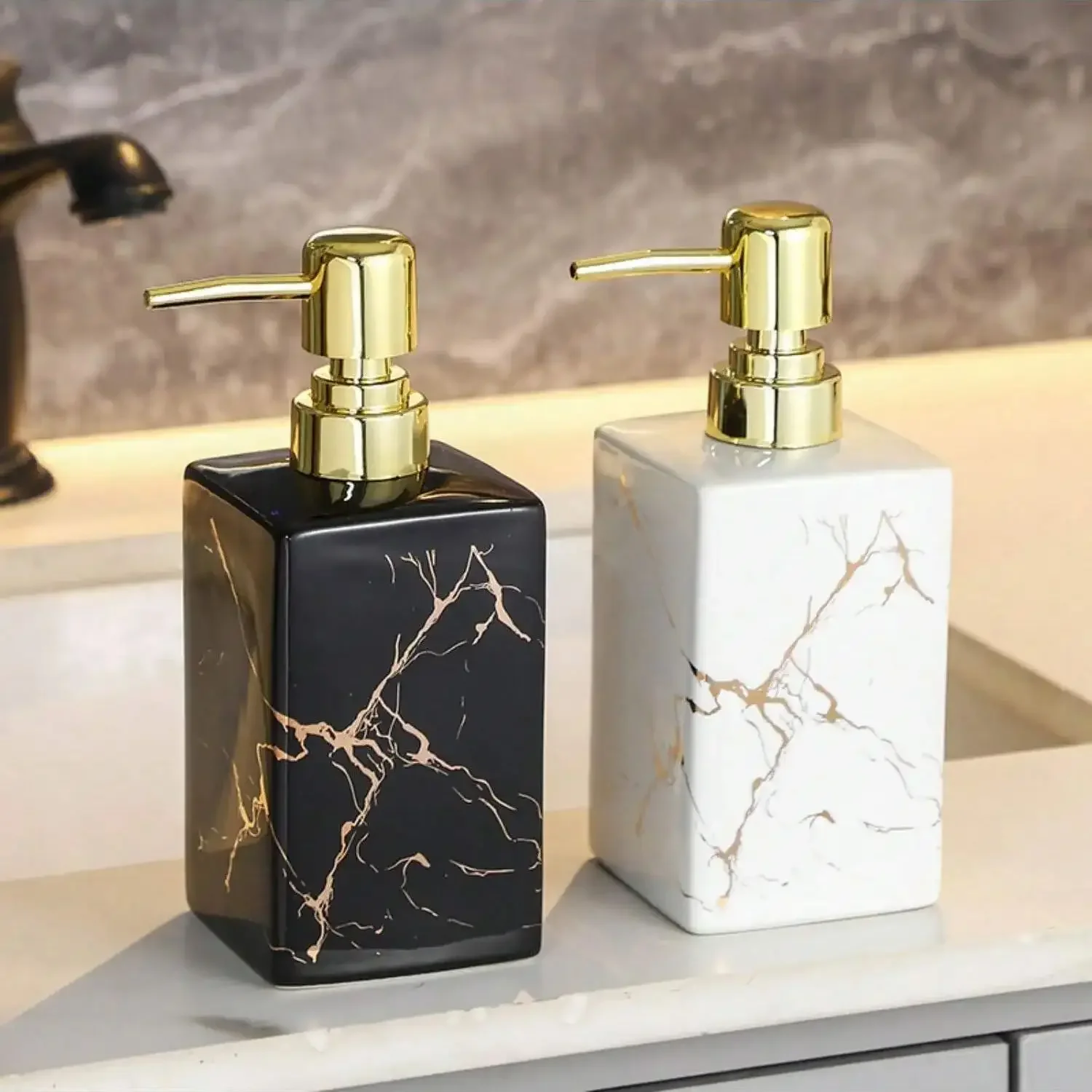 

1pc 350ml Ceramic European Creative Marble Texture Refillable Press Soap Dispenser Liquid Dispenser For Bathrooms,，Hotels