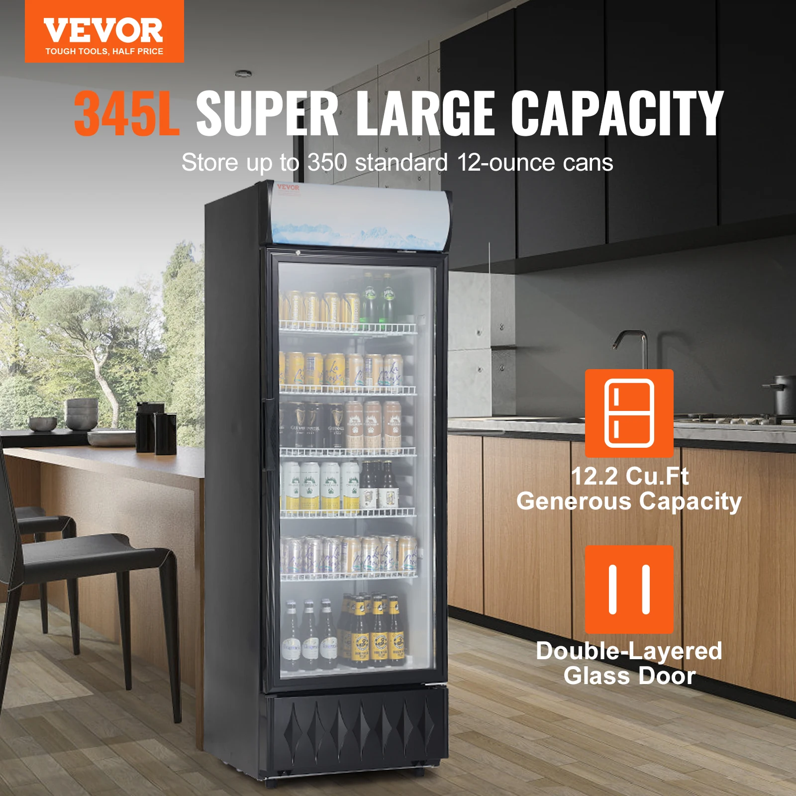 VEVOR Commercial Refrigerator, 345L Beverage Refrigerator Cooler, Glass Door Display Refrigerator Upright Fridge w/5 Shelves