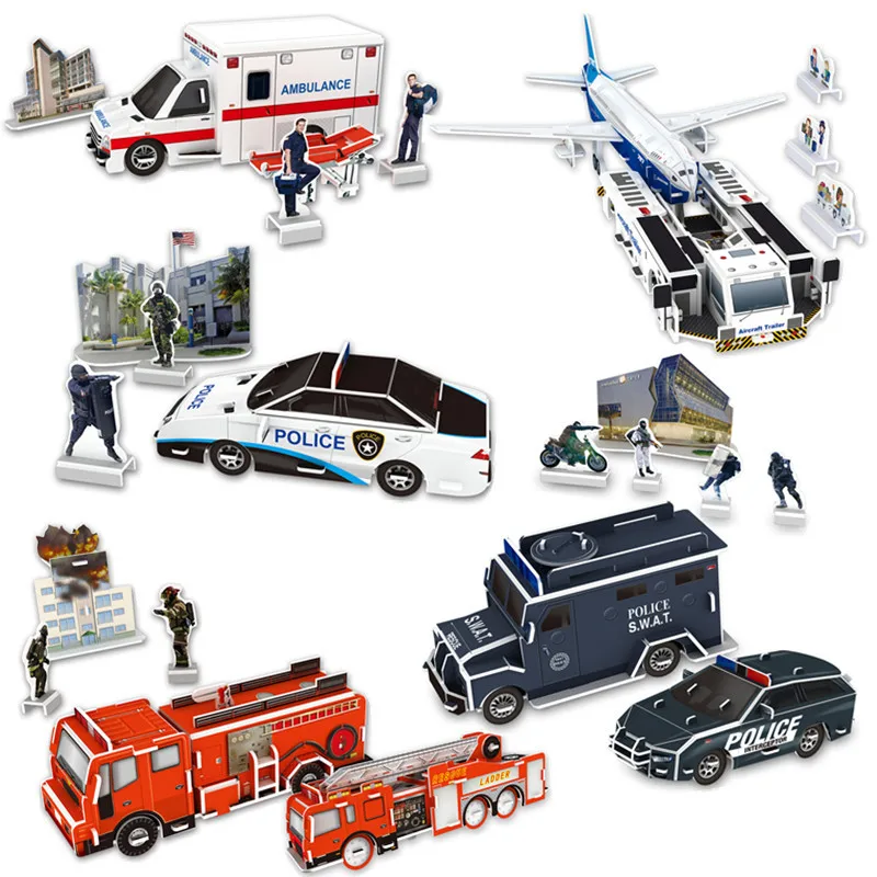 3D veicolo Puzzle di carta auto della polizia camion dei pompieri Swat aereo rimorchio giocattolo educativo regalo per ragazzo ragazza bambini