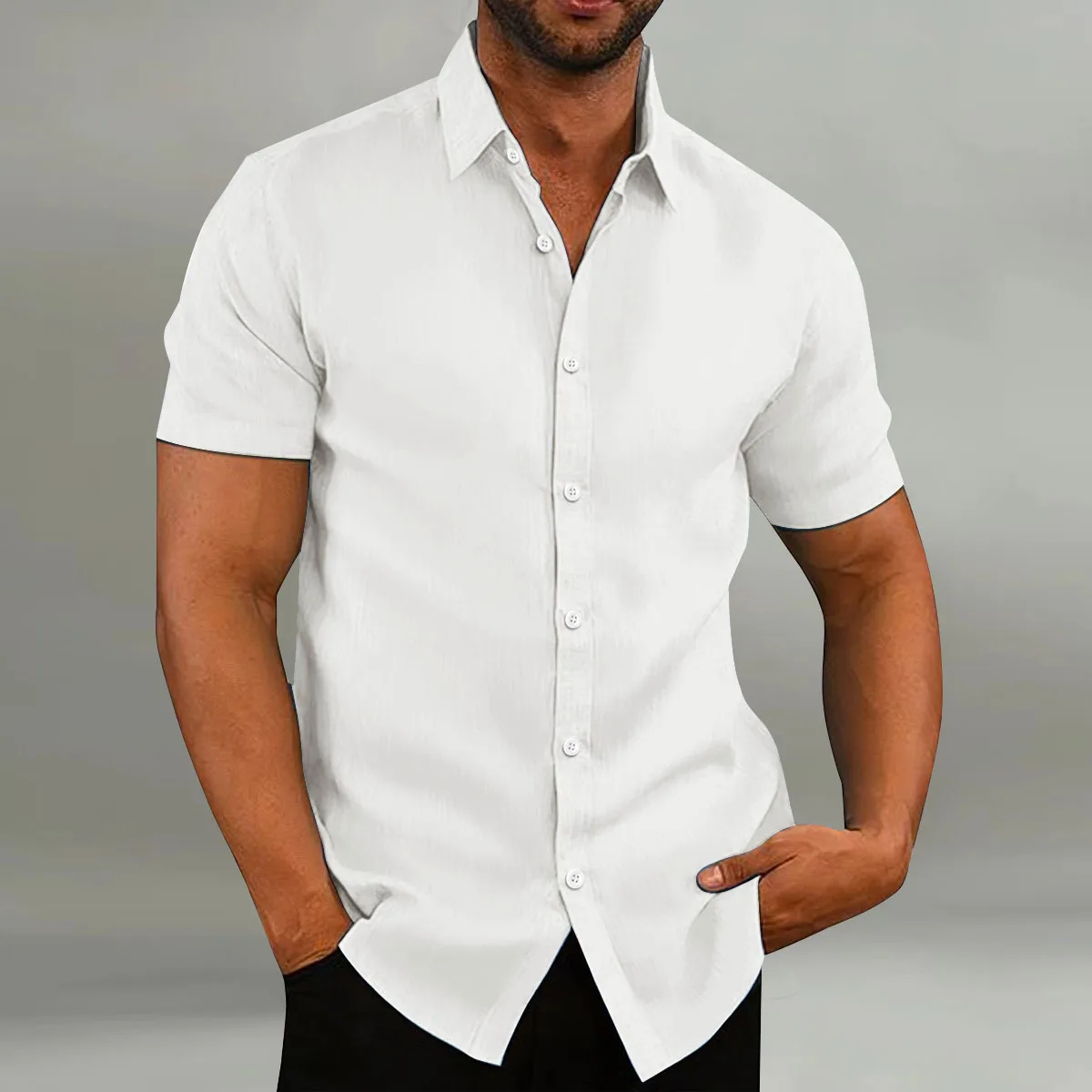 Summer leisure Office Men\'s short-sleeved Shirt solid color lapel shirt British Cotton and linen short-sleeved loose Top