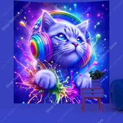 Psychedelic Animal Tapestry Cute Cat UV Reactive Tapestry Wall Hanging Hippie Kawaii Room Decor Curtain Blanket Gift for Friend