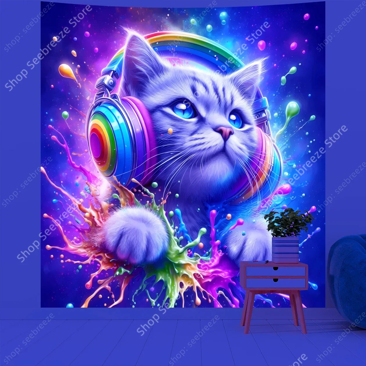 Psychedelic Animal Tapestry Cute Cat UV Reactive Tapestry Wall Hanging Hippie Kawaii Room Decor Curtain Blanket Gift for Friend