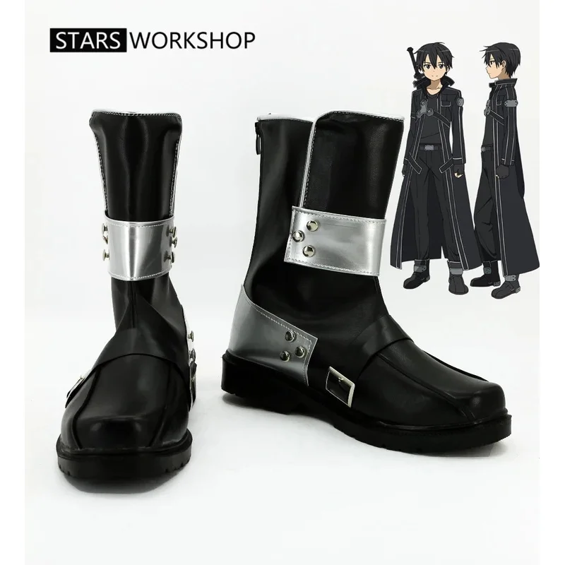 

Аниме Sword Art Online Kirigaya Kazuto Kirito, обувь для косплея, кожаные короткие сапоги для Хэллоуина, Рождества, индивидуальный заказ
