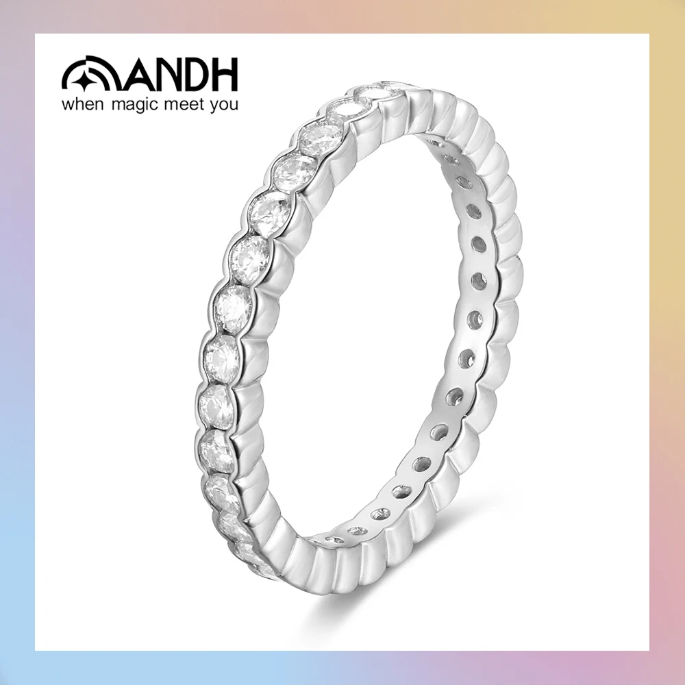 

ANDH D Color VVS1 Moissanite Eternity Rings for Women Hand Setting 925 Silver Stackable Ring Wedding Anniversary Jewelry Gifts