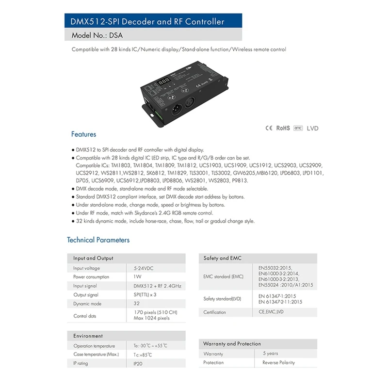 Décodeur LED DMXorgto éventuelles I, convertisseur DMX 1024 points, contrôleur de pixels TTL, prise en charge 6803, 8806, 2811, 2812, 2801, 3001/9813 IC