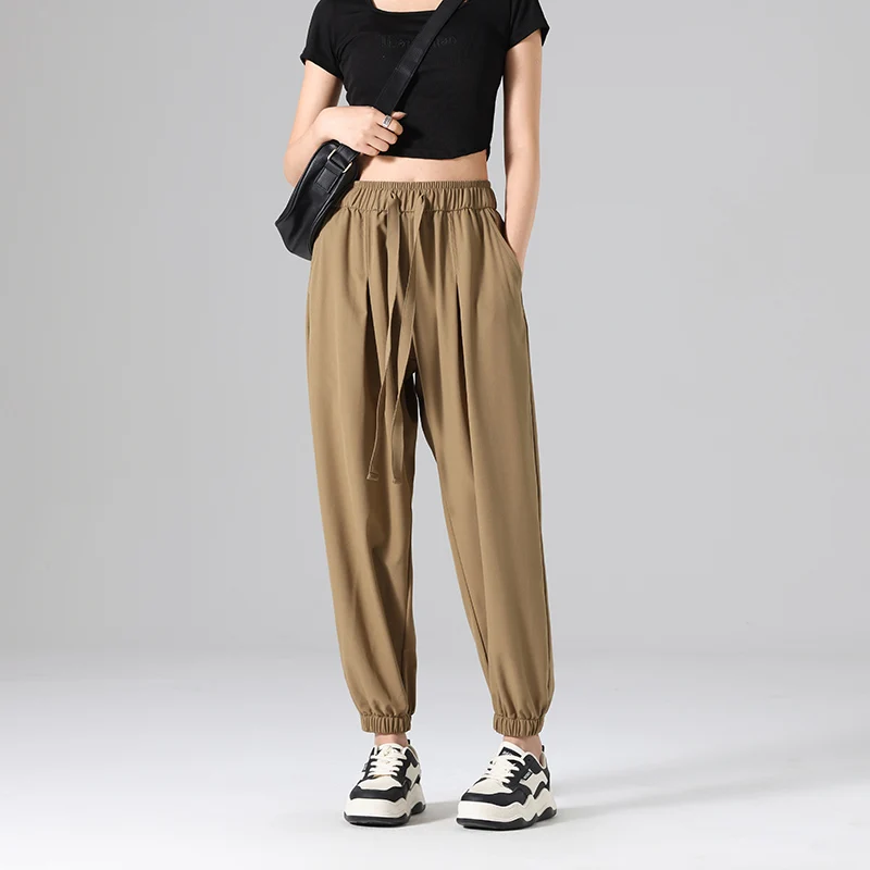 

New Women'S Spring Summer Korean Edition Fashion Versatile Loose Ice Silk Sports Trousers Thin Drip Feel Casual Harun Pants