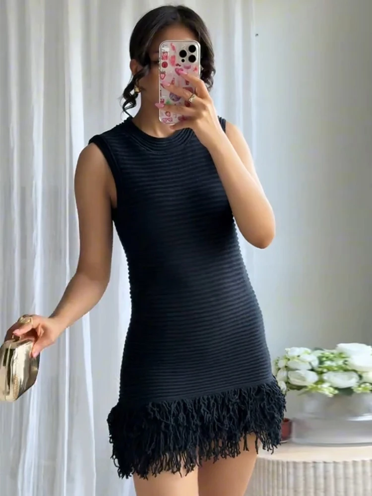 

Fringed Knitted Grid Dress Slim Fit Sexy Sleeveless Round Neck Tassel Female Vest Short Dresses Fashion Niche Women's Clothing