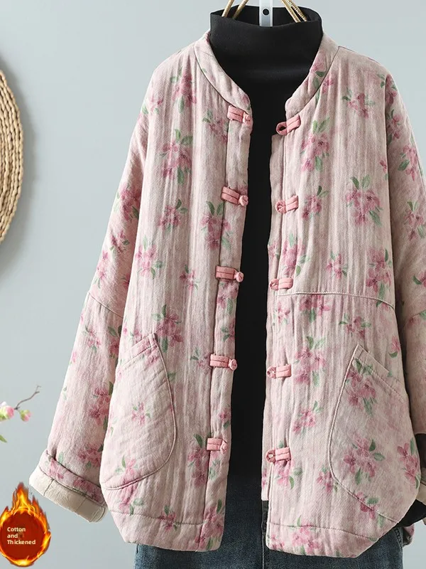 

Retro Sle Floral Print Cotton Jaet Women's Button up Stand Collar Thi Winter Outerwear Loose Fit Long Sve Coat
