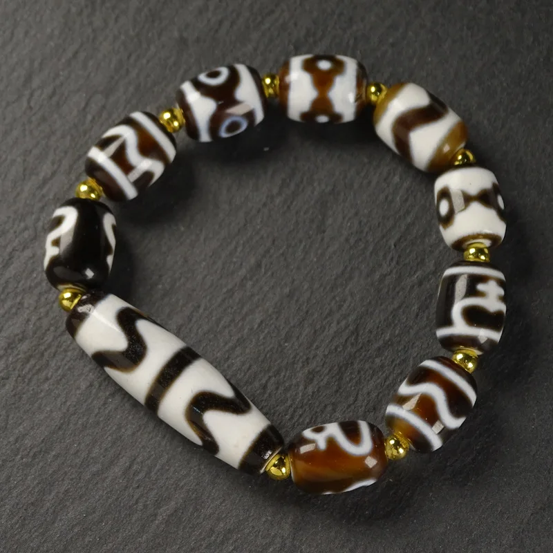 Agate God Of Wealth Pattern Three-Eyed Bottle Double Tiger Tooth Dzi Bead Multi-Treasure Bracelet Chain Ethnic St