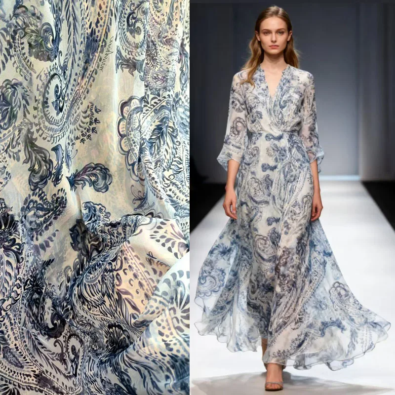 

Luxury Pure Mulberry Silk Fabric by Metters Tulle Designer Dress Blue White Porcelain Flower Quilting Supplies Cloth Wholesale