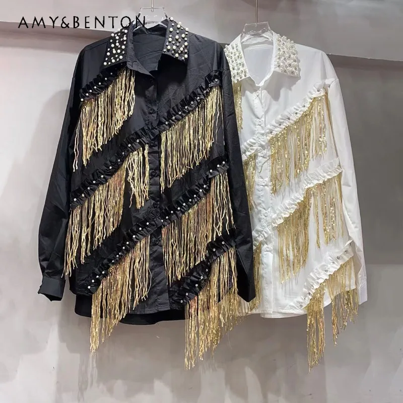 

2025 Spring Heavy Industry Rhinestone Bead Fringed Shirt Women's Design Sense Fashion Loose Blouse Single-breasted Top Blusas