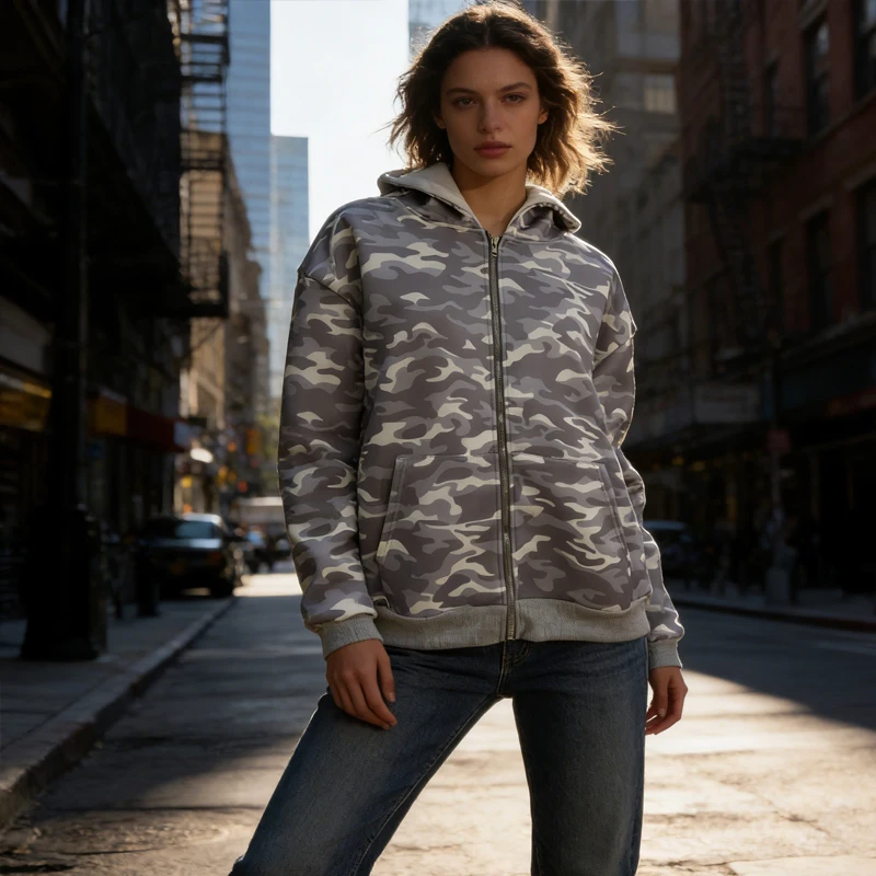 

Unisex autumn and winter camouflage pocket hoodie cardigan trendy and cool, loose, double-sided two-piece jacket