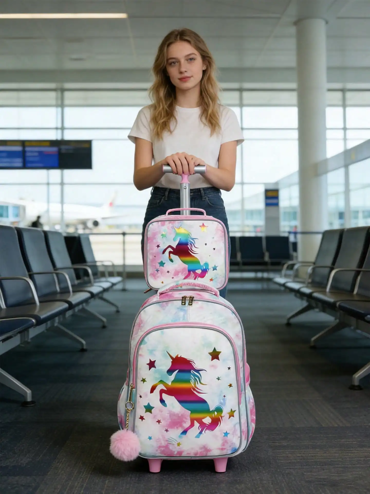 3PCS Teens Wheeled Travel Bag Luggage Bag Gold And Pink Cartoon Unicorn Design Bookbag For Students, With Handbag And Pen Bag, Nighttime Reflective.