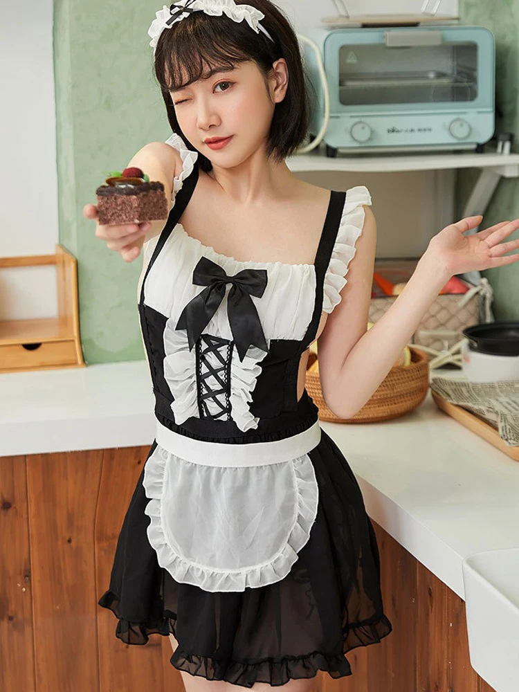 

Cosplay Maid Costumes Sexy Cute Bow Tie Open Bra Bodysuit Fetish Strap Tights Role Play Uniform Hollow Backless Lingerie Uniform