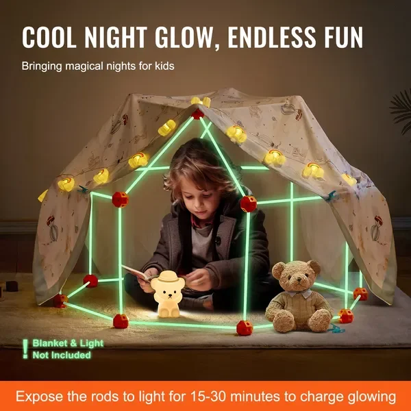 Glow In The Dark! Christmas Gift! Tent Fort Building Kit for Kid Glow In The Dark STEM Construction Toy 140P
