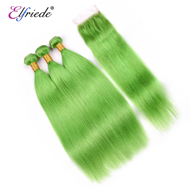 Elfriede #Grass Green 3 Bundles with Closure Straight Human Hair With 4x4 Lace Closure Colored 3/4 Bundles Remy Hair 100g/pc