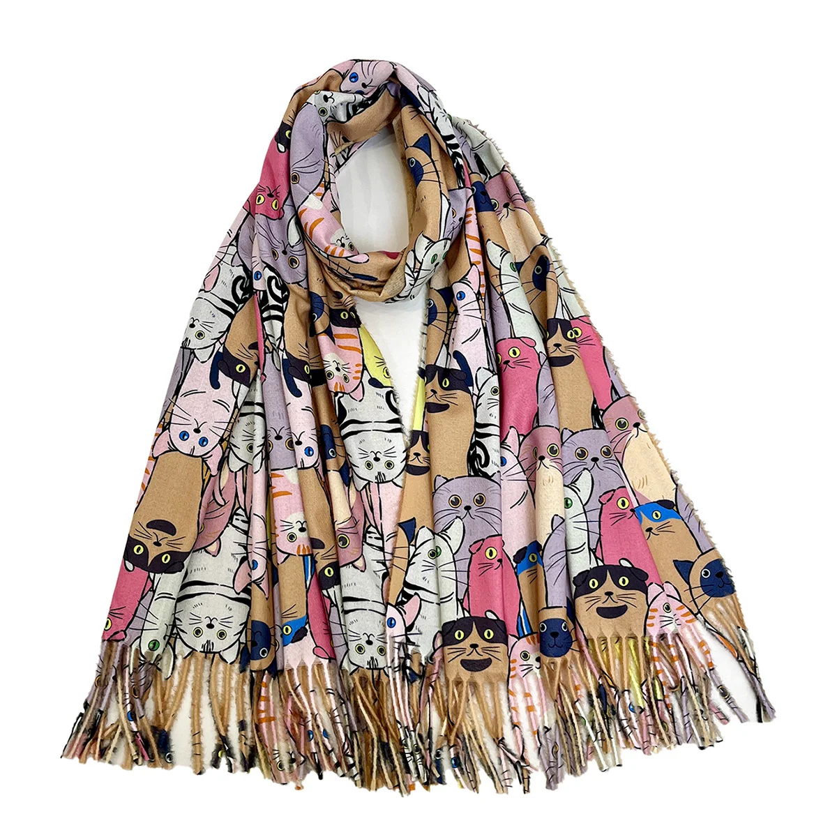 Hot selling fashion imitation cashmere animal cartoon cat oil painting style digital printing soft and warm tassel women\'s scarf