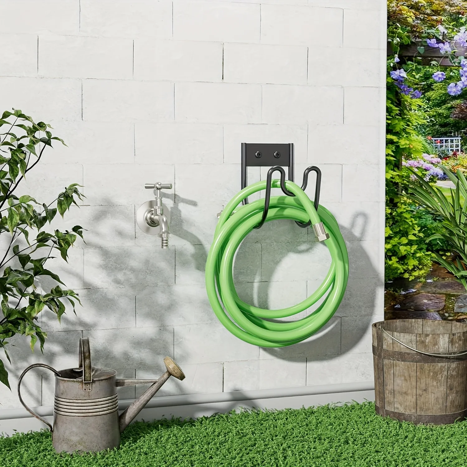 Heavy-Duty Garden Hose Rack -Wall-Mounted Water Pipe Organizer with Hook,Sturdy Metal Structure Suitable for Garage,Basement Use
