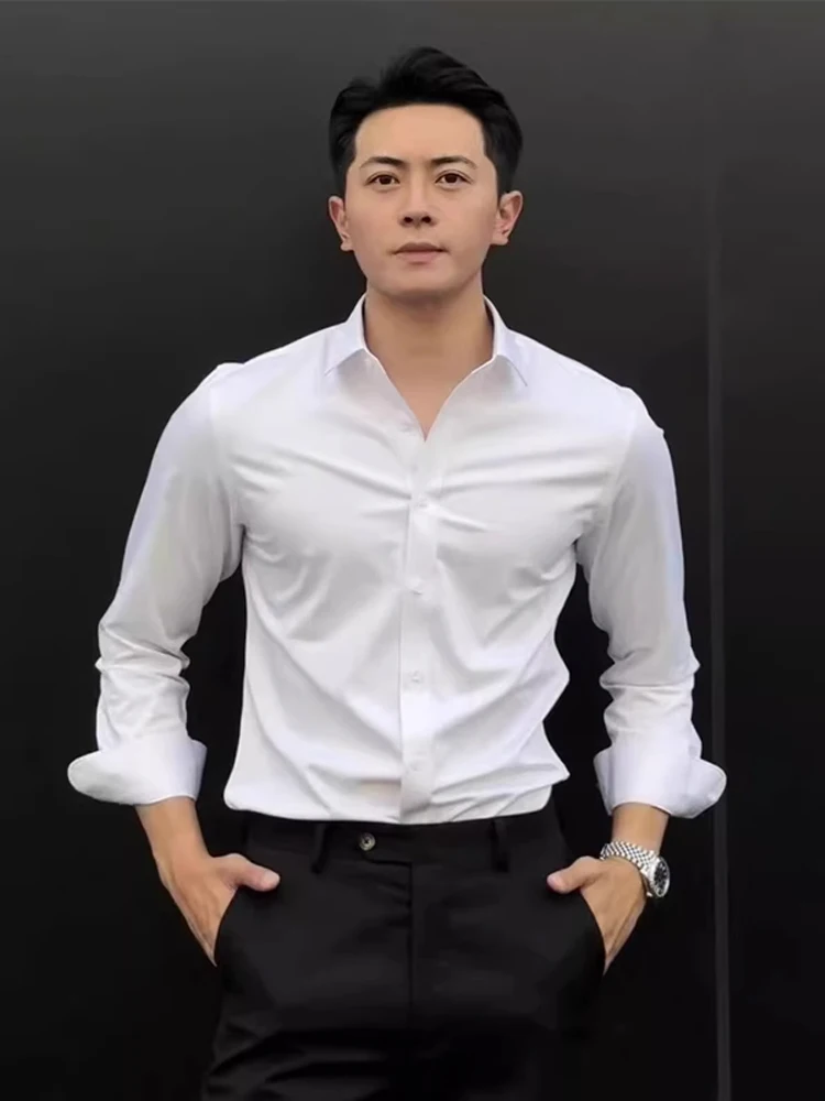 

Мужская белая рубашка с длинным рукавом, повседневная, приталенная, в корейском стиле, для весны и осени, в британском стиле, модная, классического кроя