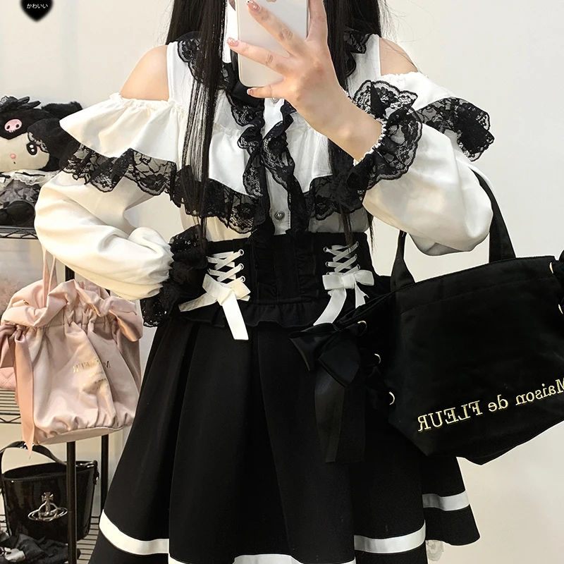 Kawaii Women Shirts Jirai Kei Lolita Y2K Cute Japanese Style Blouse Elegant Long Sleeve Sweet Tops Casual Aesthetic Shirt 2024