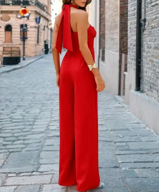 Jumpsuit Women 2025 Summer New Sexy Slim-Fitting Halter Backless High Waist Sleeveless Lace Up Casual Daily Wide Leg Jumpsuit