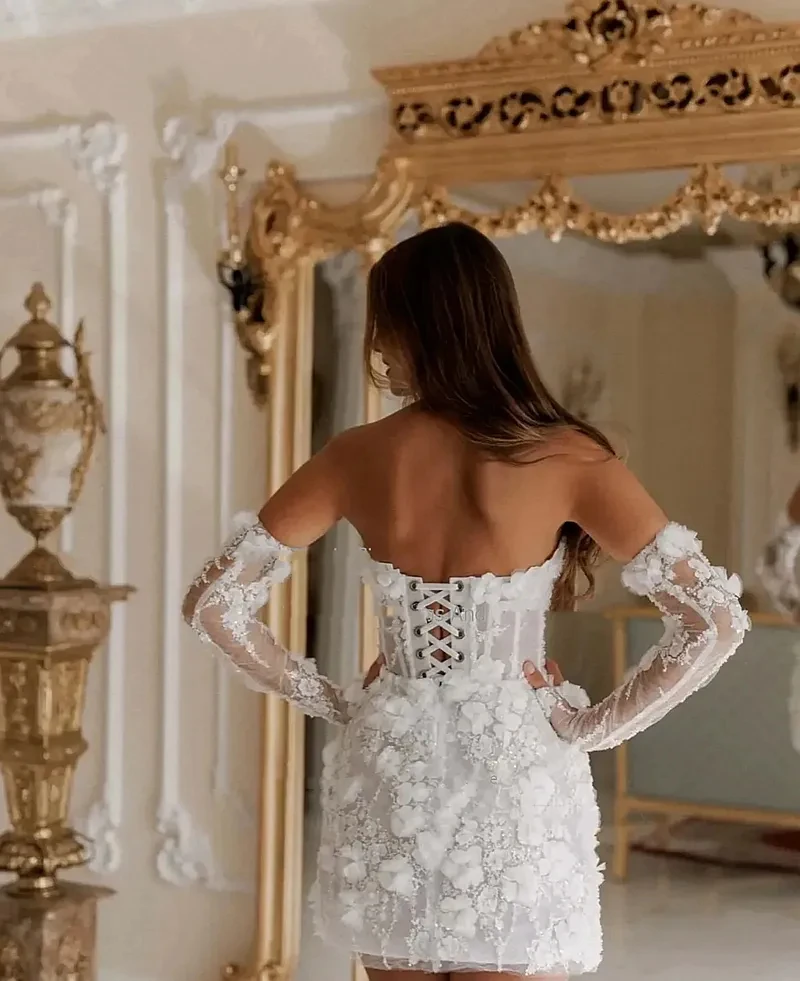 Vestido de novia corto con apliques florales en 3D, corsé desmontable de manga larga sin tirantes, espalda abierta, para playa, 2024