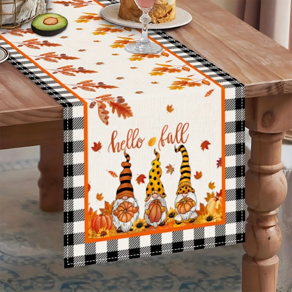 Thanksgiving Table Runner Pumpkin Maple Leaf Gnome Design Dresser Scarves Table Cover for Indoor Outdoor Holiday Party Decor