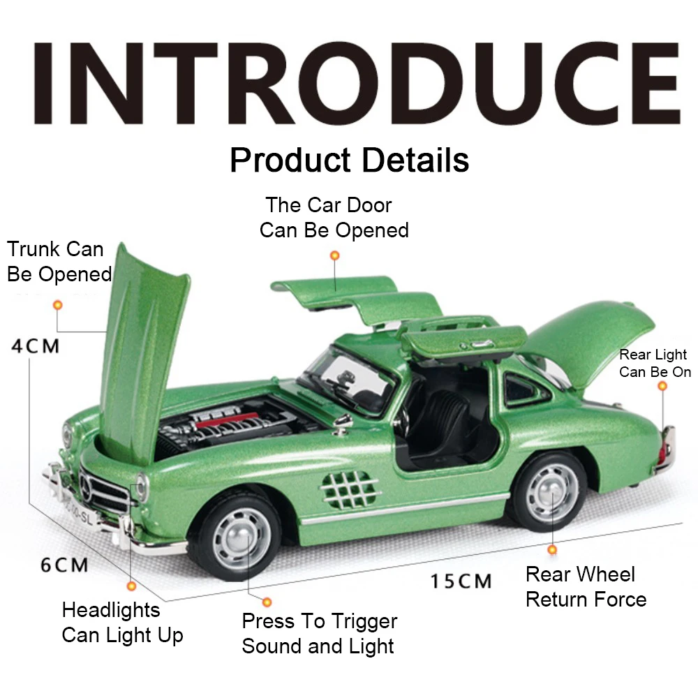 Coche Vintage Phantom 300SL 1:32, modelo de juguete en miniatura, aleación fundida, puertas extraíbles, sonido abierto, vehículo de simulación de luz para niños
