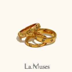 La.Muses Ripple Edged Octagonal Cubic Zircon Pattern Stainless Steel Women's Rings Waterproof Daily High-end Jewelry Accessories
