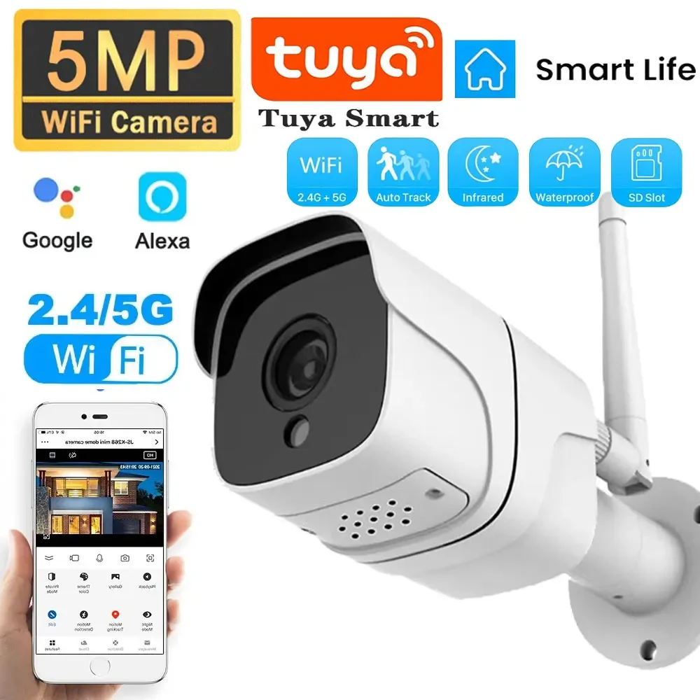 Tuya 5G Wifi IP Camera Outdoor Bullet 5MP Home Security Camera Motion Detection 1080P HD Color Night Vision Audio Surveillance