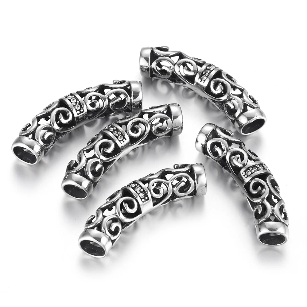 Stainless Steel Tube Hair Beads 6mm Hole Slider Charm Inlaid Stone DIY Leather Cord Bracelet Making Jewelry Accessories