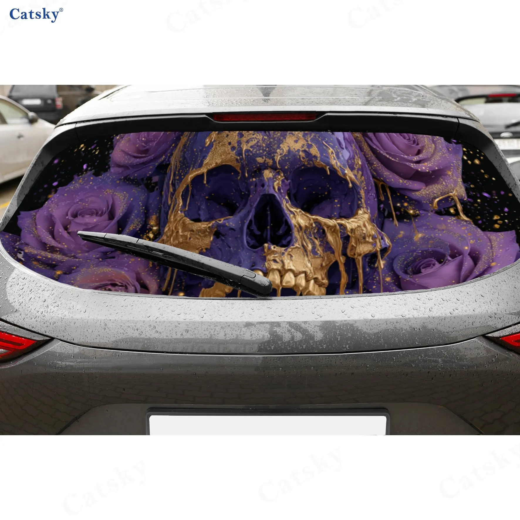 

Gold Purple Skull Rose Luxury Dark PVC Perforated Car Vinyl Wraps, Durable Car Rear Windshield Sticker, Waterproof Car Rear Wind