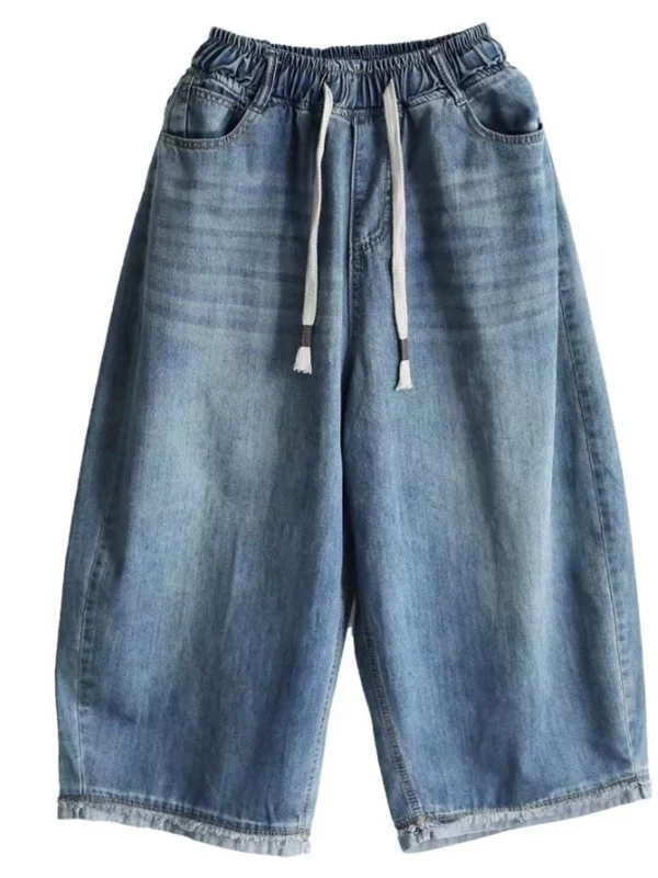 

Slimming Effect Wide Leg Jeans orts for Women Summer Thin Elastic Waist Casual Loose Fit Nine Point Pants Casual Straight Cut