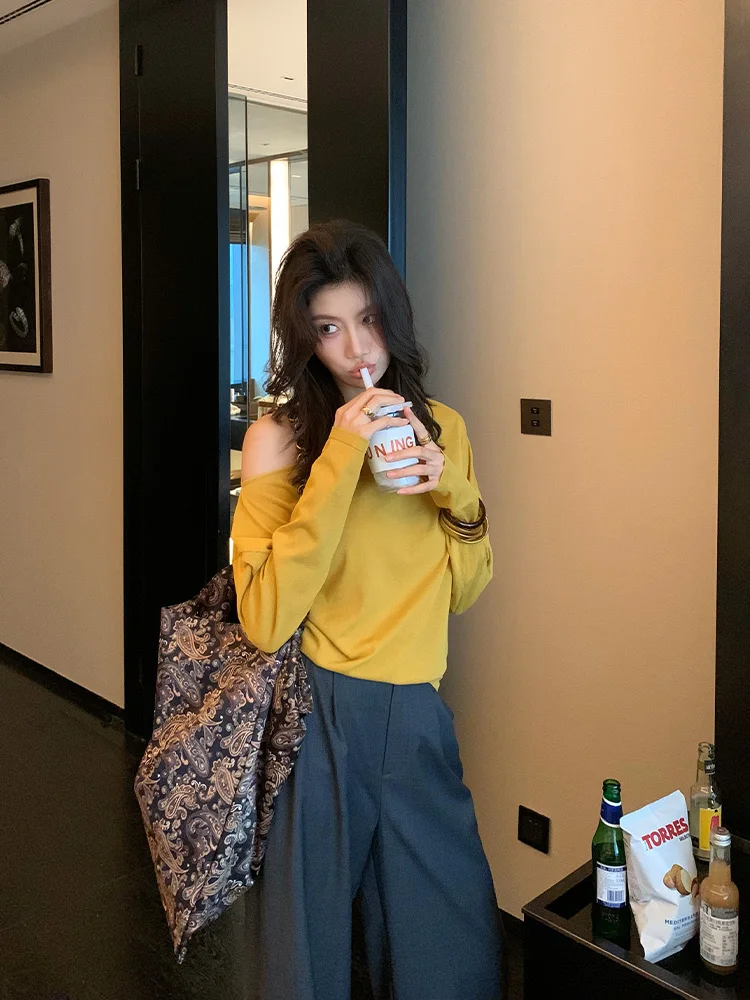 

Ele Uneven Faion Slimming Single oulder Long Sve Knitted Top Sli Casual Sle Knitwear for Women A2EXMSK450