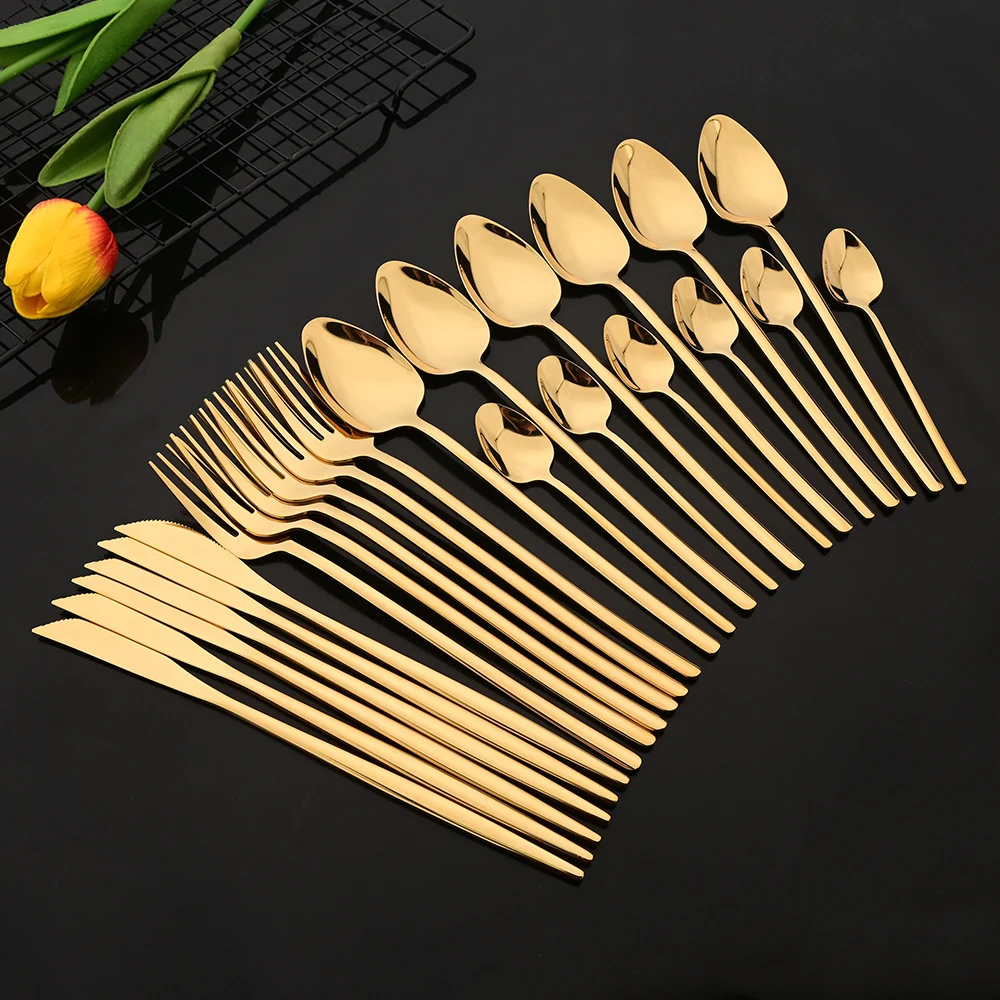 24Pcs Stainless Steel Flatware Cutlery Set Gold Dinnerware Dinner Knife Fork Spoon Teaspoons Reusable Polished Utensils For Home