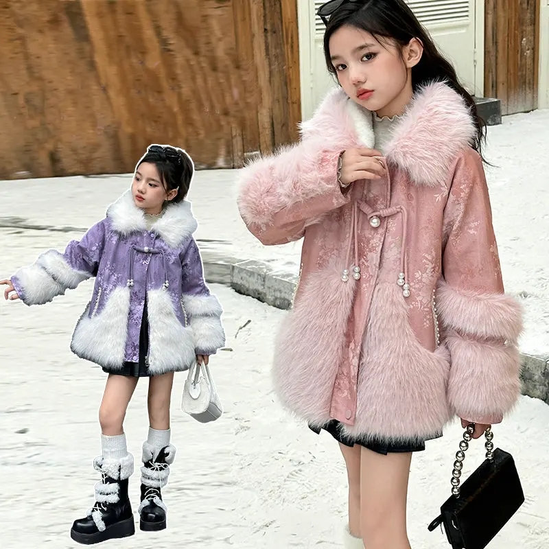 2024 Winter Teen Girls Retro outerwear Woolen patchwork jacquard jacket Thickened warm rabbit fur lining junior kids overcoat 14