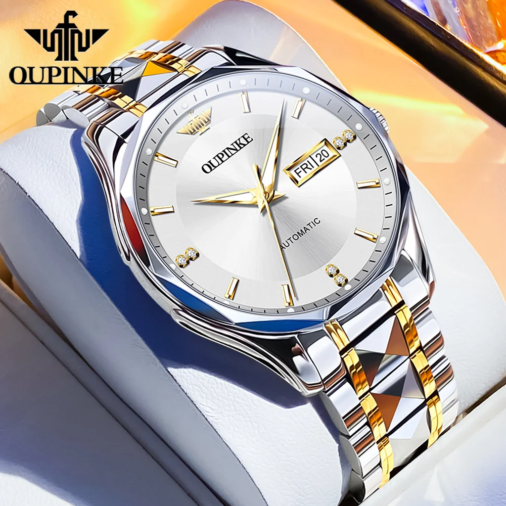 OUPINKE Men's Watches 3295 Luxury Business Original Automatic Mechanical Watch for Man Tungsten Steel Sapphire Mirror Date Week