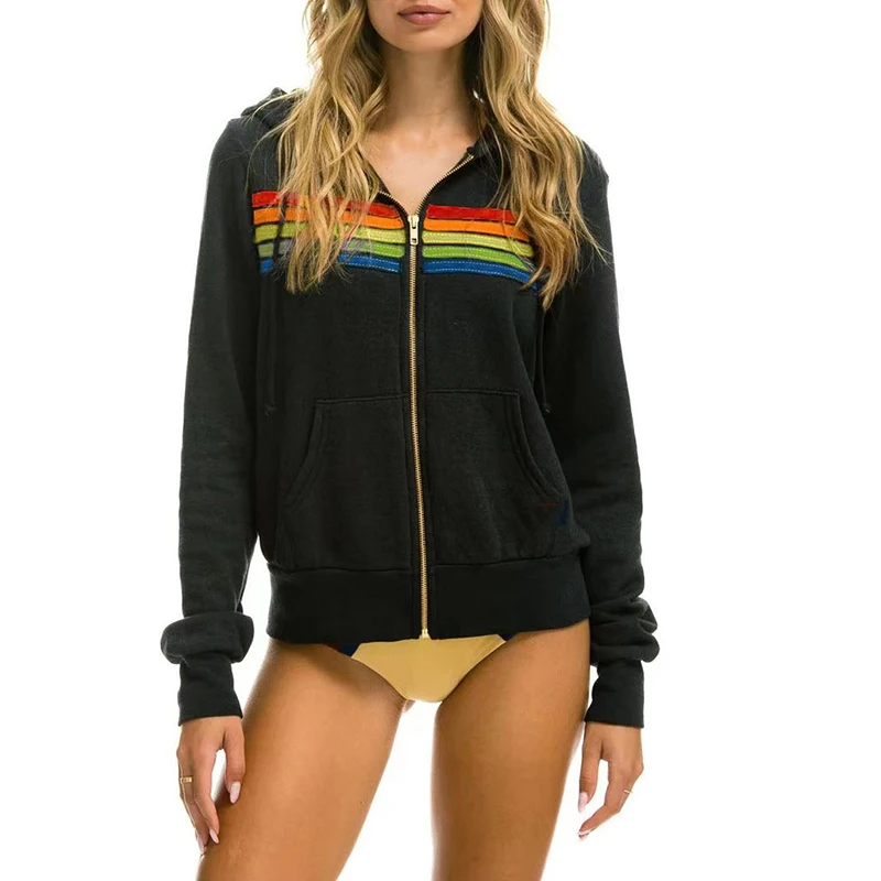 2025 Women Men Zipper Rainbow Long Sleeve Hooded Sweatershirt Harajuku Elastic Hip Hop 5 Stripe Hoodies Jacket