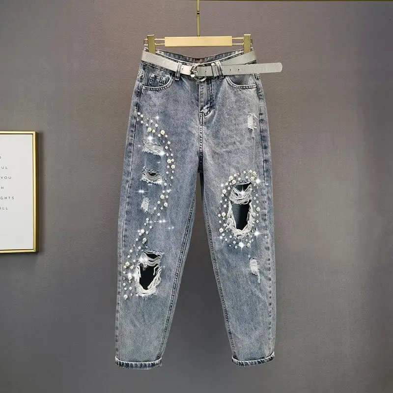 Calça denim harém feminina, cintura alta, decoração de pérola, jeans largas de grandes dimensões, tendência da moda, buraco que tudo combinando, verão