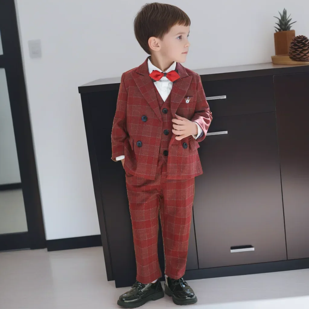 

Boys Plaid Suit Set British Style Kids Host Performance Costume Flower Child Wedding Blazer Outfit Kids 1st Birthday Formal Wear