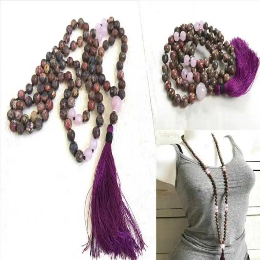 Rose Quartz Violet Tassels 108 Beads Necklace Natural Peace Prayer Tranquility Men 8mm Gemstone Meditation Teenagers Religious