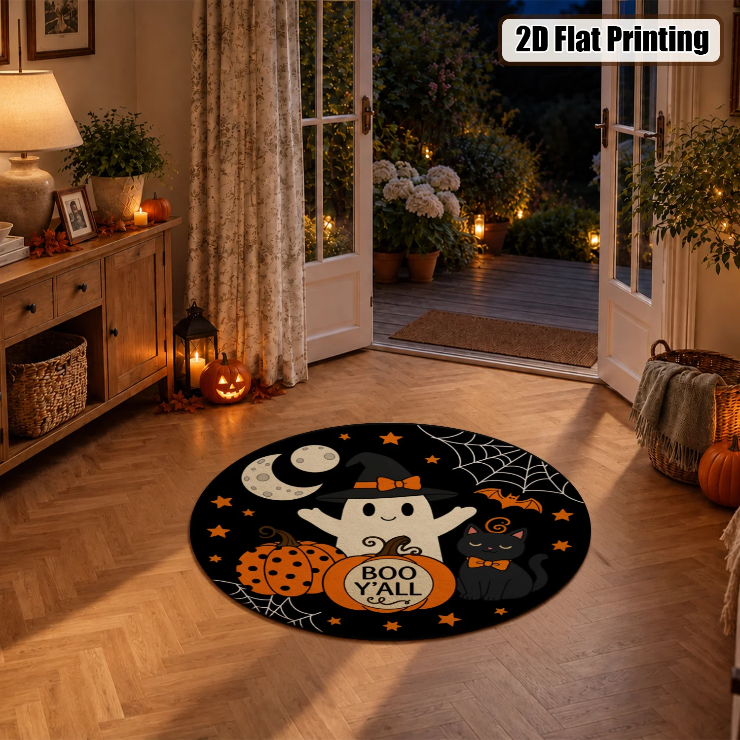 Halloween Boo Y'all Ghost Pumpkin Cat Spider Web Star Pattern Round Velvet Area Rug, Machine Washable, Stays Firmly In Place, Ideal for Entryway, Living Room, Bedroom, Perfect for Halloween, Thanksgiving, Christmas, New Year Home Decor