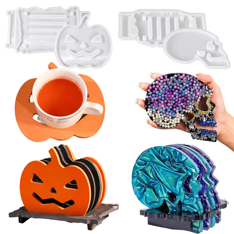 

Halloween Coaster Silicone Mold Set DIY Hollow Skull Pumpkin with Stand Candle Coffee Cup Base Gypsum Resin Mold Home Decor