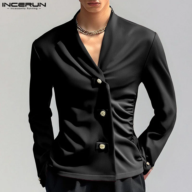 

Fashion Solid Color Men Shirts Casual Summer Spring INCERUN Streetwear Turn-down Collar Tops Pleated Shirt Oversize S-5XL
