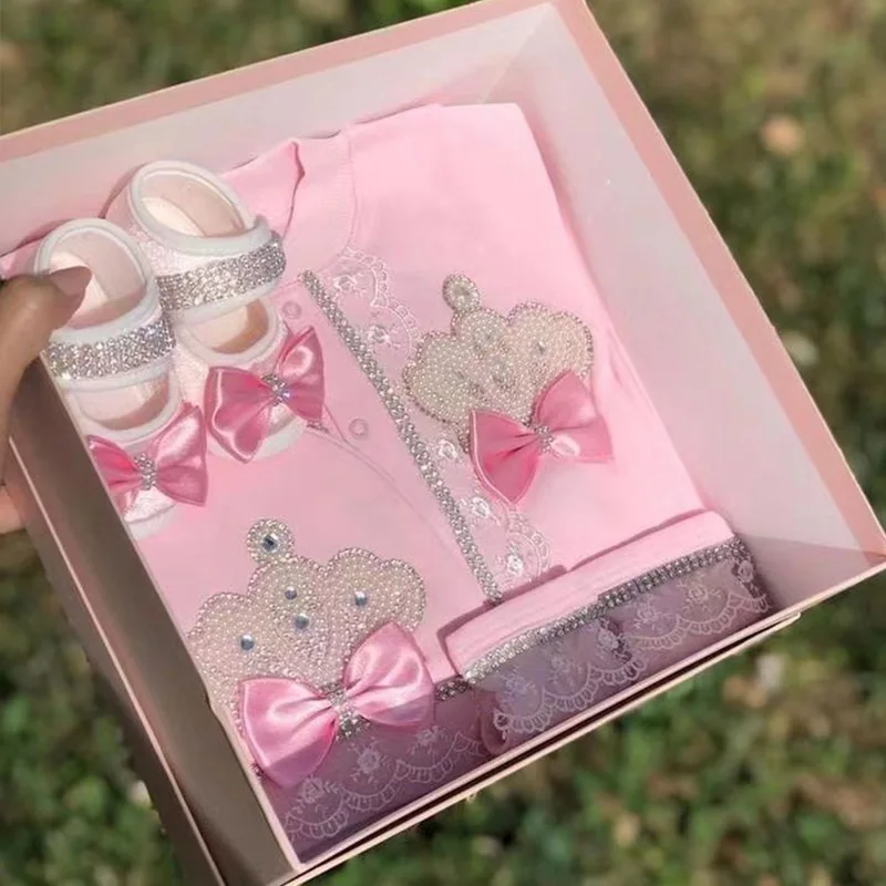 4 pçs bem-vindo casa macacão roupas de bebê nome personalizado coroa jóias bebê menina menino da criança roupas de algodão presente recém-nascido