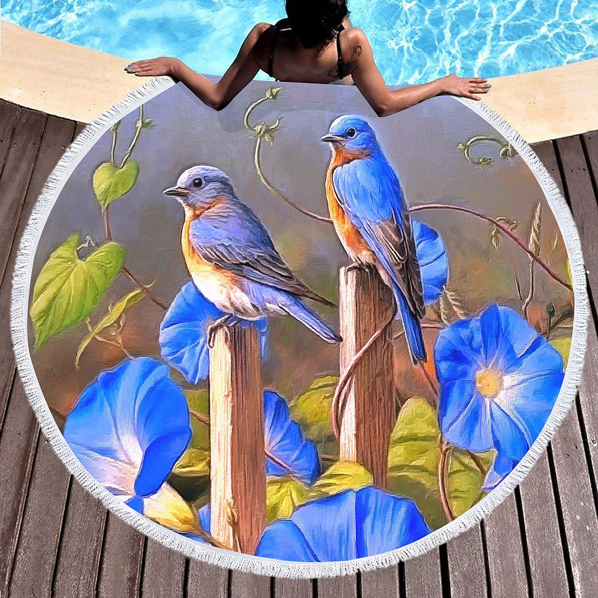 الطيور زهرة طباعة منشفة الشاطئ المستديرة ستوكات دائرة فوط استحمام سريعة الجافة ماصة مناشف حمام السباحة الرمال الحرة شال بطانية شاطئ #3